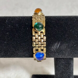 Vtg 60s Red Green‎ Blue Purple Jewel Tone Cabochons Woven Gold Link Bracelet